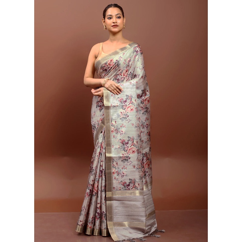Cream Tussar Silk Saree With Blouse Piece - JD986612938