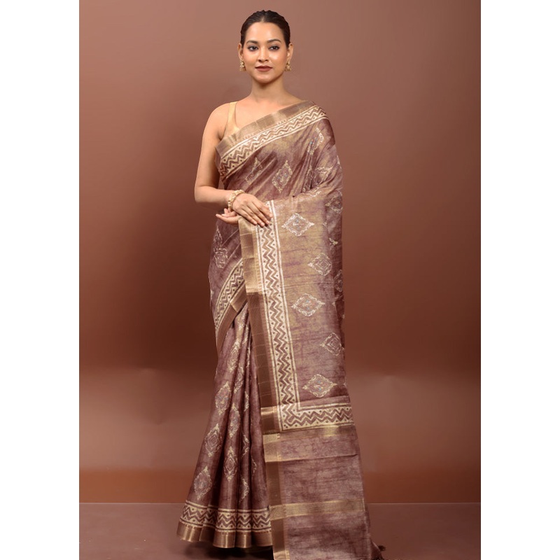 Cream Tussar Silk Saree With Blouse Piece - JD986612939