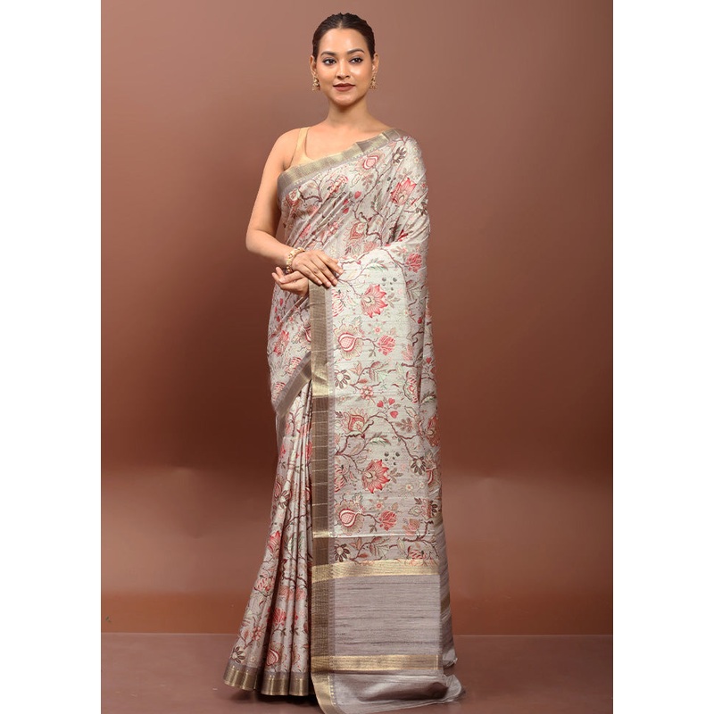 Cream Tussar Silk Saree With Blouse Piece - JD986612940