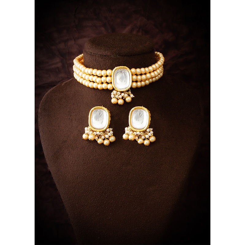Golden Pearl Kundan Stone Work Necklace - JD986612985