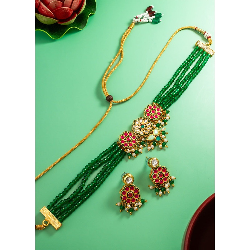 Green Brass Artificial Pearl And Kundan Work Necklace - JD986612984