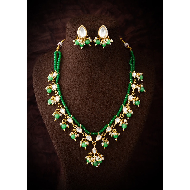 Green Brass Kundan Stone Work Necklace - JD986612981