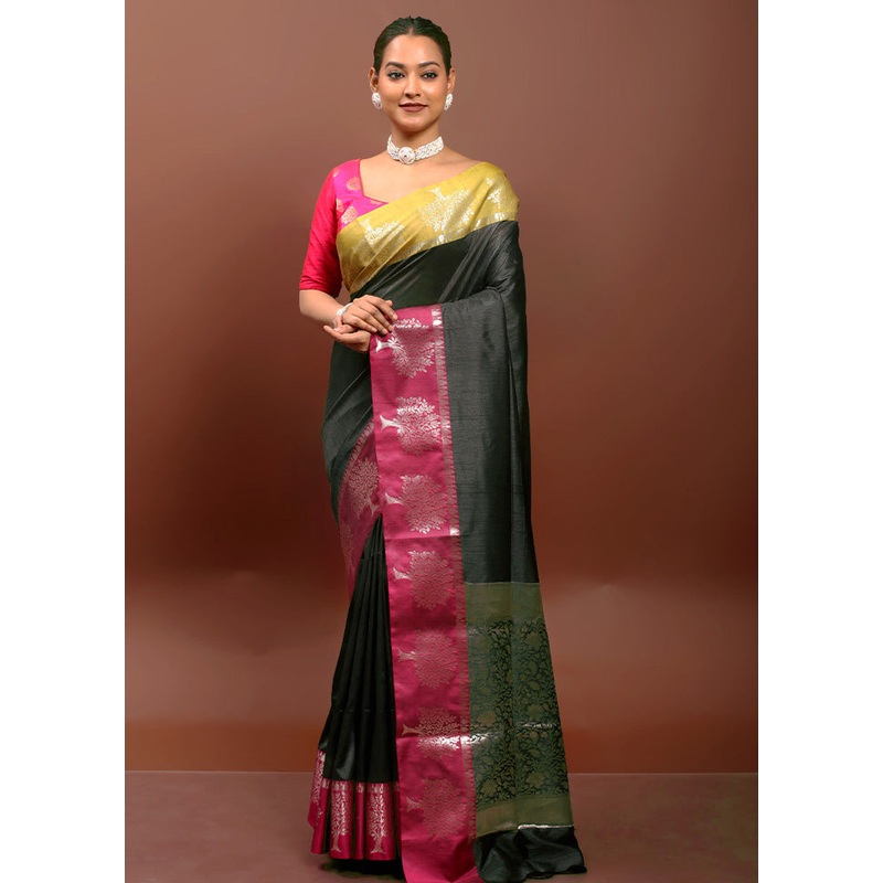 Green Cotton Saree With Blouse Piece - JD986612934