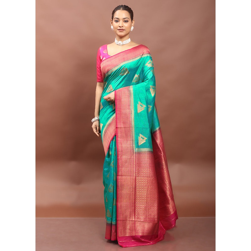 Green Dupion Silk Saree With Blouse Piece - JD986612930