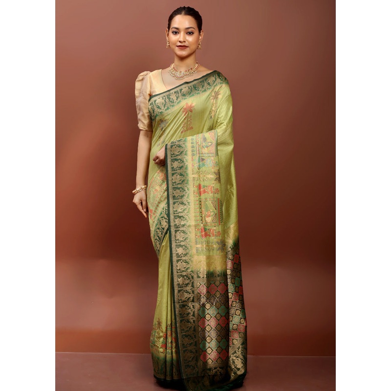 Green Dupion Silk Saree With Blouse Piece - JD986612931