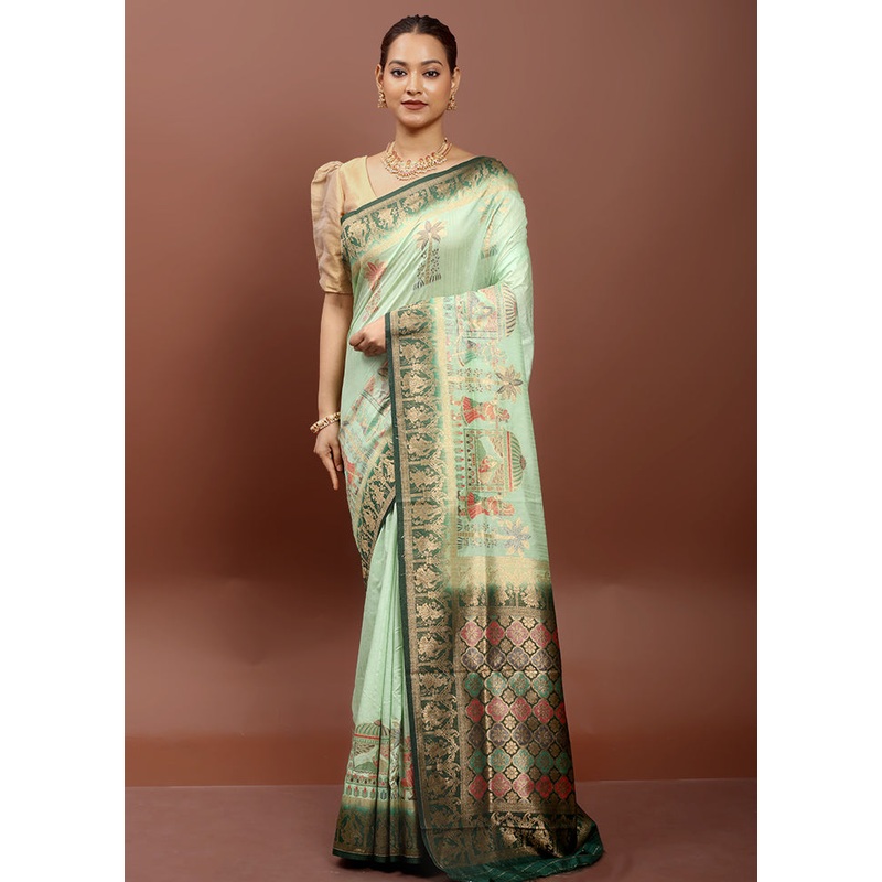 Green Dupion Silk Saree With Blouse Piece - JD986612932