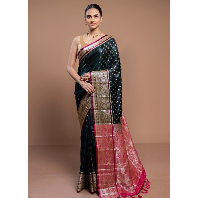 Green Dupion Silk Saree With Blouse Piece - JD986613080
