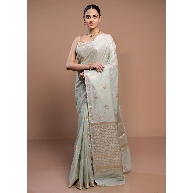 Green Dupion Silk Saree With Blouse Piece - JD986613082