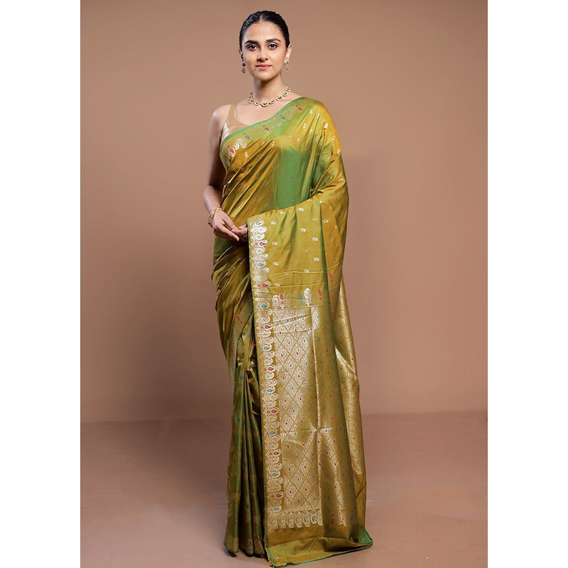 Green Dupion Silk Saree With Blouse Piece - JD986613083