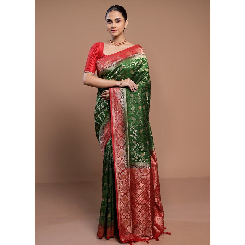 Green Dupion Silk Saree With Blouse Piece - JD986613084