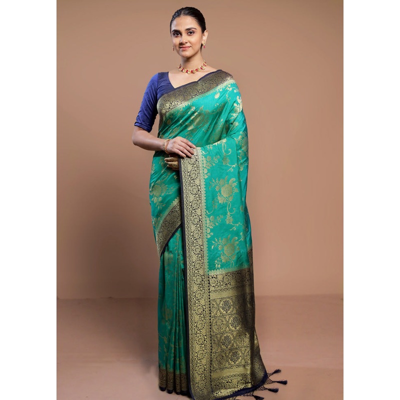 Green Dupion Silk Saree With Blouse Piece - JD986613086