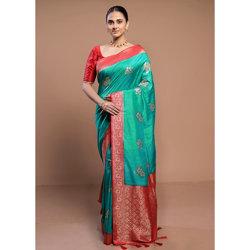 Green Dupion Silk Saree With Blouse Piece - JD986613087