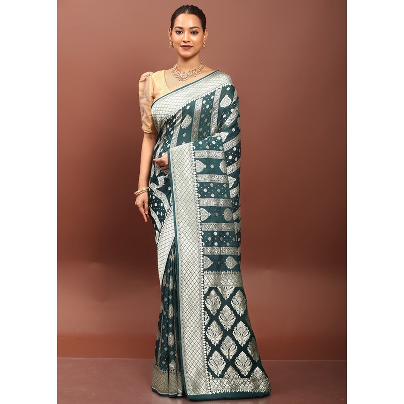 Green Handloom Pure Georgette Saree With Blouse Piece - JD986612928