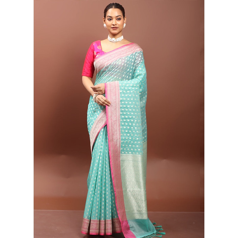 Green Kora Silk Saree With Blouse Piece - JD986612926