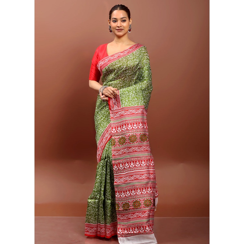 Green Printed Pure Silk Saree Without Blouse Piece - JD986612925