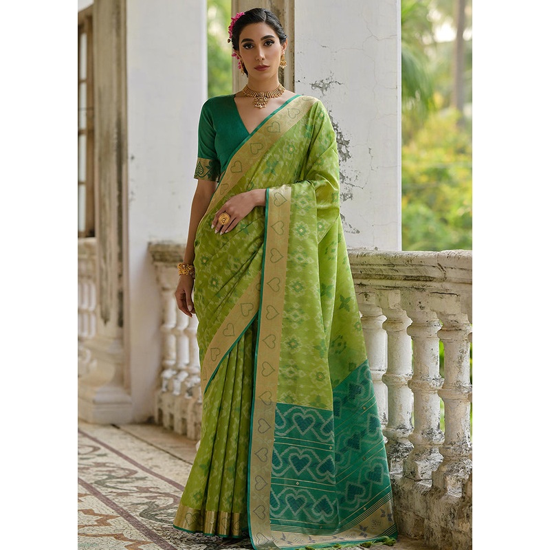 Green Spun Silk Saree With Blouse Piece - JD986613010