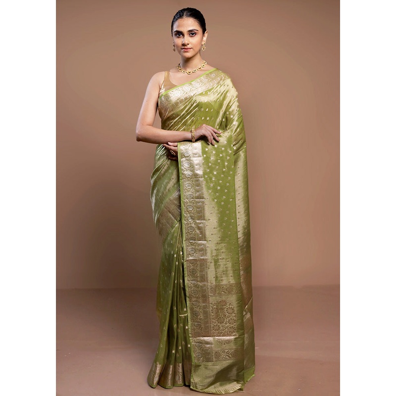 Green Tissue Silk Saree With Blouse Piece - JD986613076