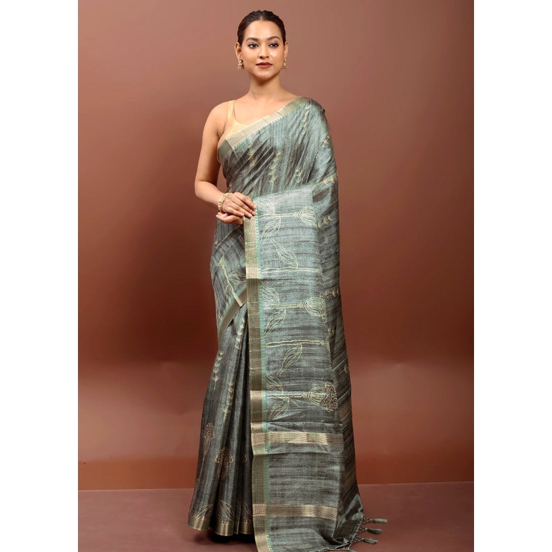 Green Tussar Silk Saree With Blouse Piece - JD986612923