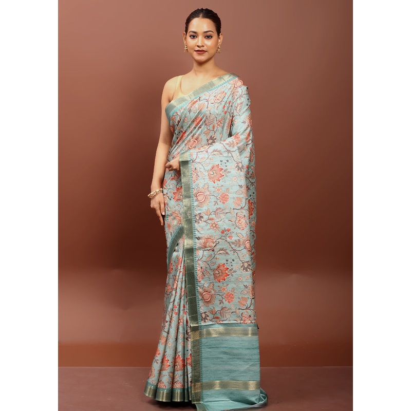 Green Tussar Silk Saree With Blouse Piece - JD986612924
