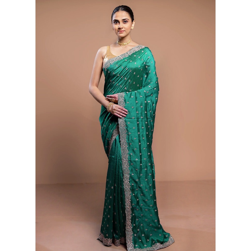 Green Tussar Silk Saree With Blouse Piece - JD986613074