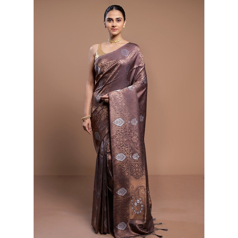 Grey Dupion Silk Saree With Blouse Piece - JD986613073