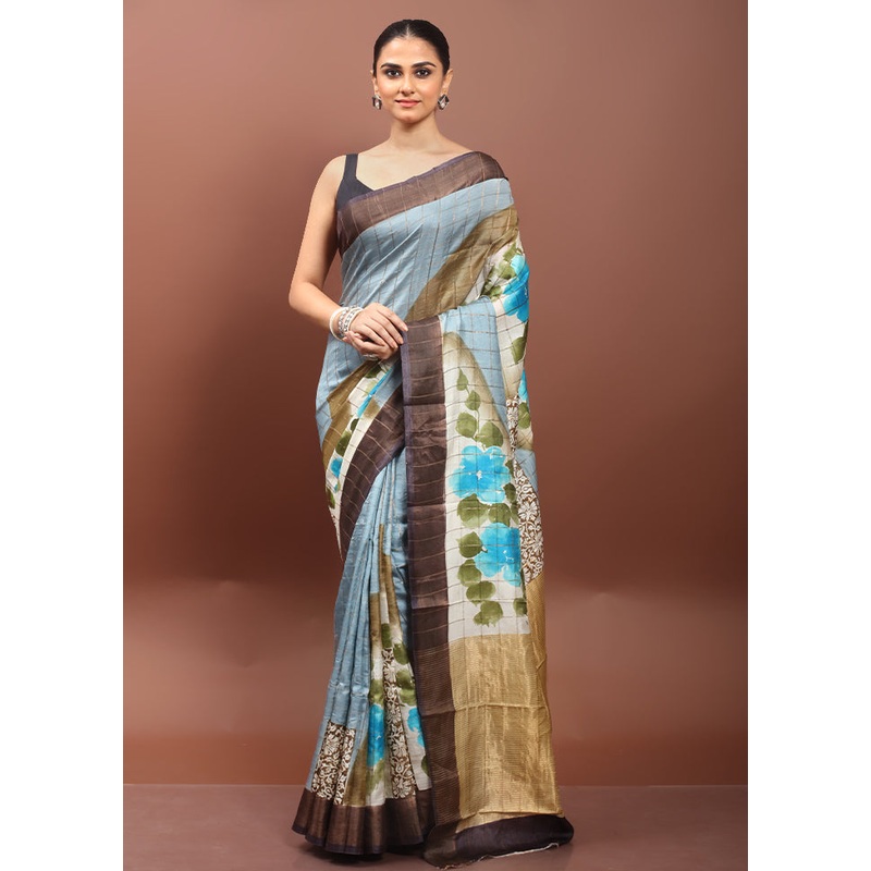 Grey Handloom Tussar Pure Silk Saree With Blouse Piece - JD986612922
