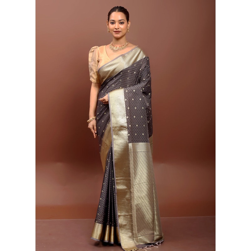 Grey Kanjivaram Silk Saree With Blouse Piece - JD986612920