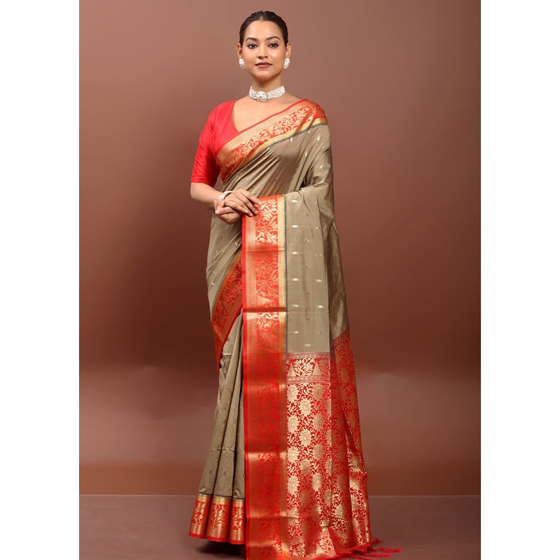 Grey Kanjivaram Silk Saree With Blouse Piece - JD986612921