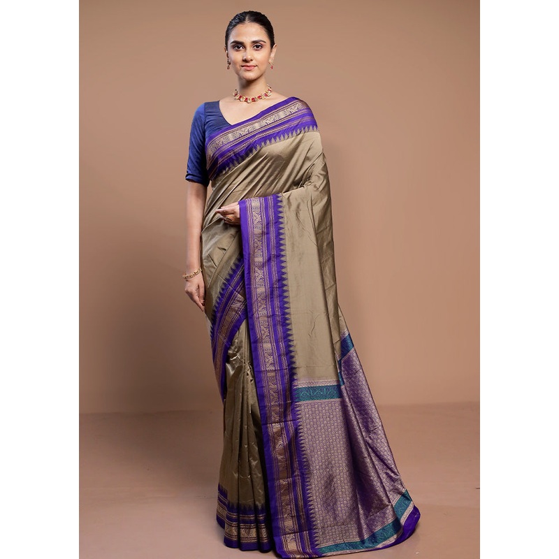 Grey Kanjivaram Silk Saree With Blouse Piece - JD986613072