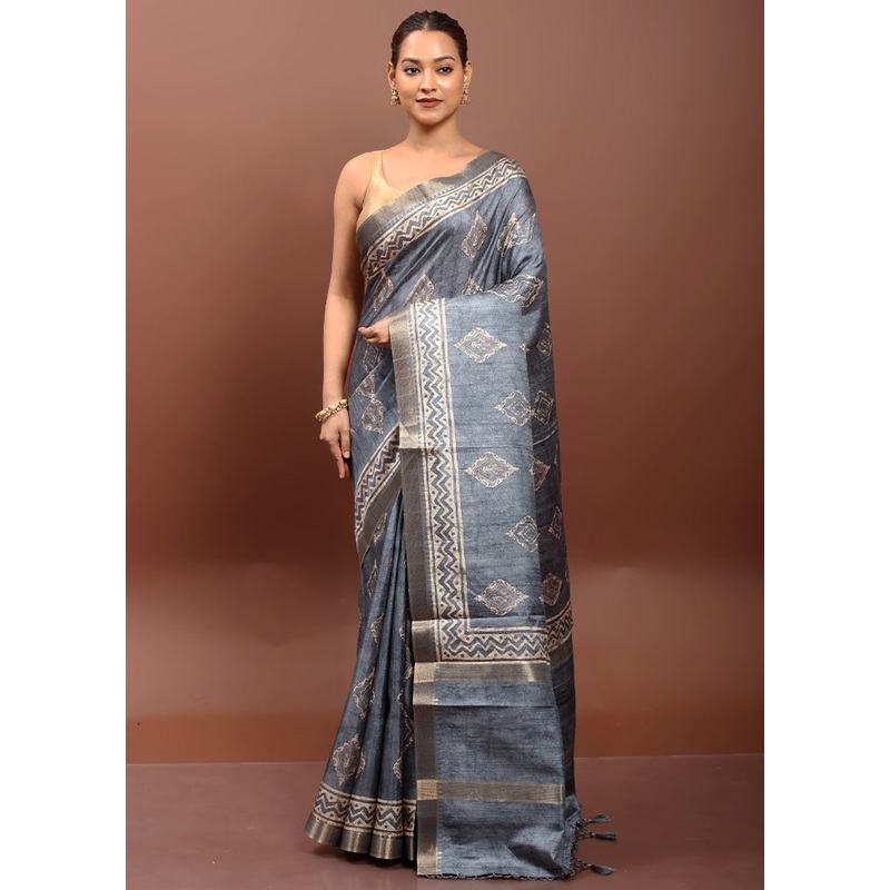 Grey Tussar Silk Saree With Blouse Piece - JD986612917