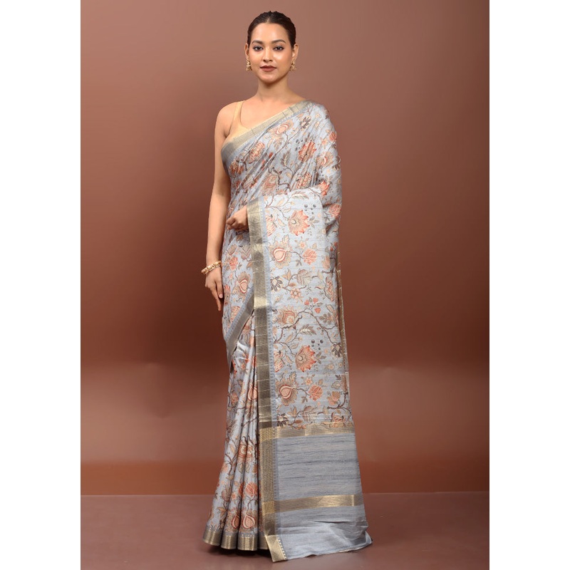Grey Tussar Silk Saree With Blouse Piece - JD986612918