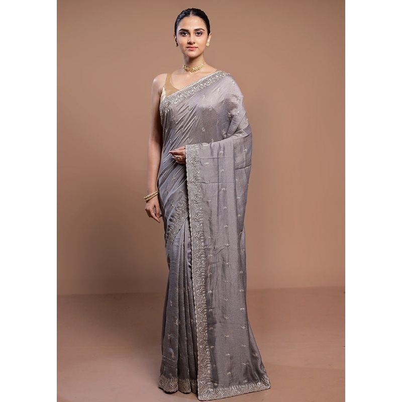 Grey Tussar Silk Saree With Blouse Piece - JD986613070