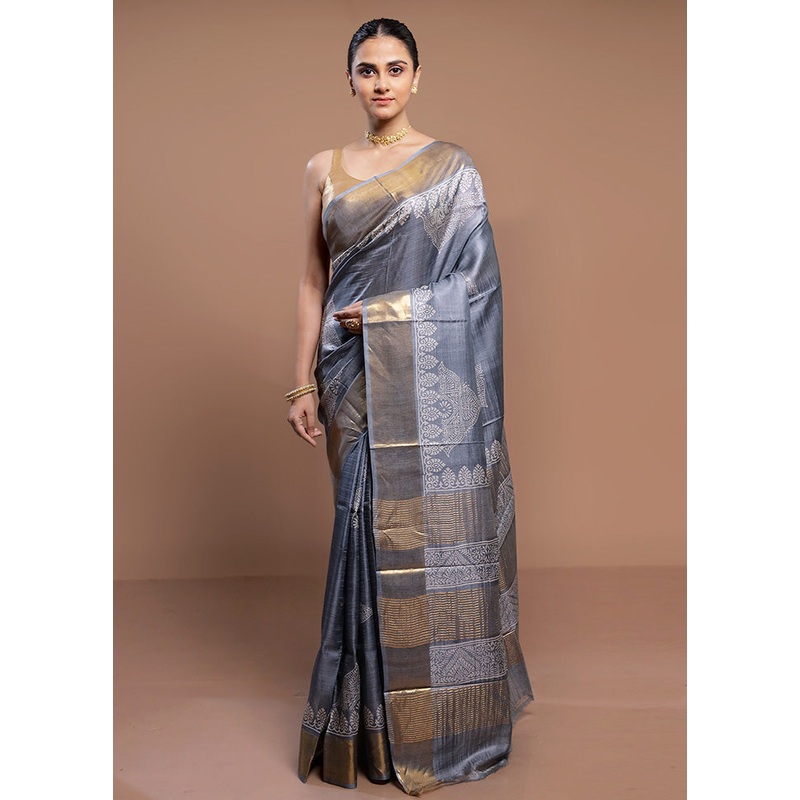 Grey Tussar Silk Saree With Blouse Piece - JD986613071