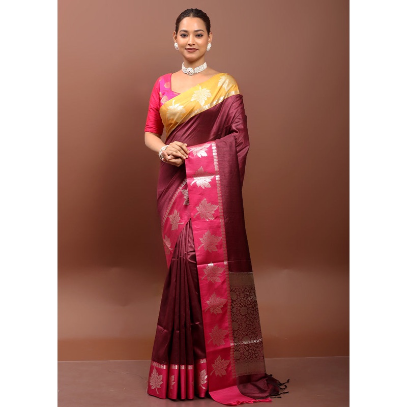 Maroon Cotton Saree With Blouse Piece - JD986612916
