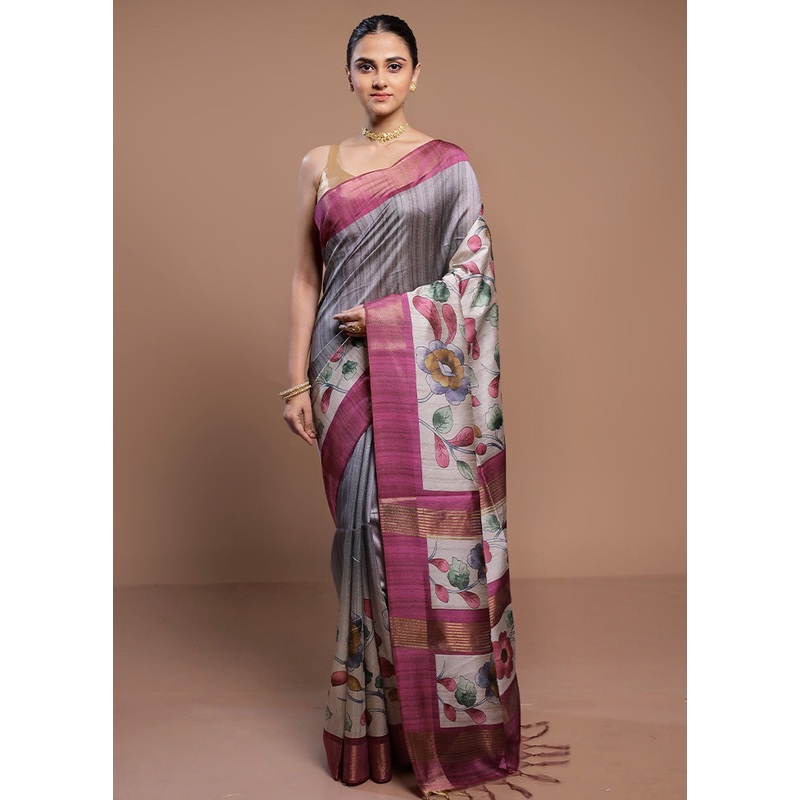 Multicolor Tussar Silk Saree With Blouse Piece - JD986613068