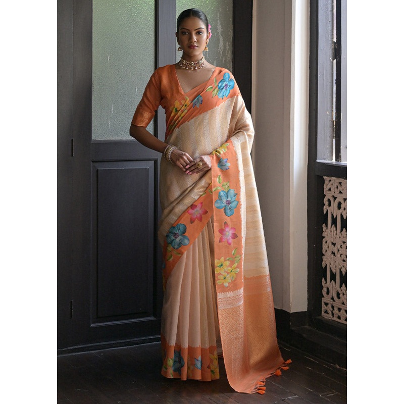 Orange Banarasi Silk Saree With Blouse Piece - JD986612909