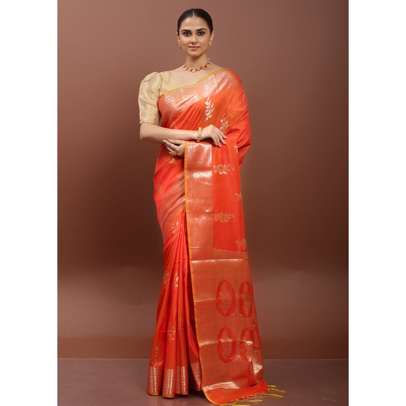 Orange Dupion Silk Saree With Blouse Piece - JD986612913