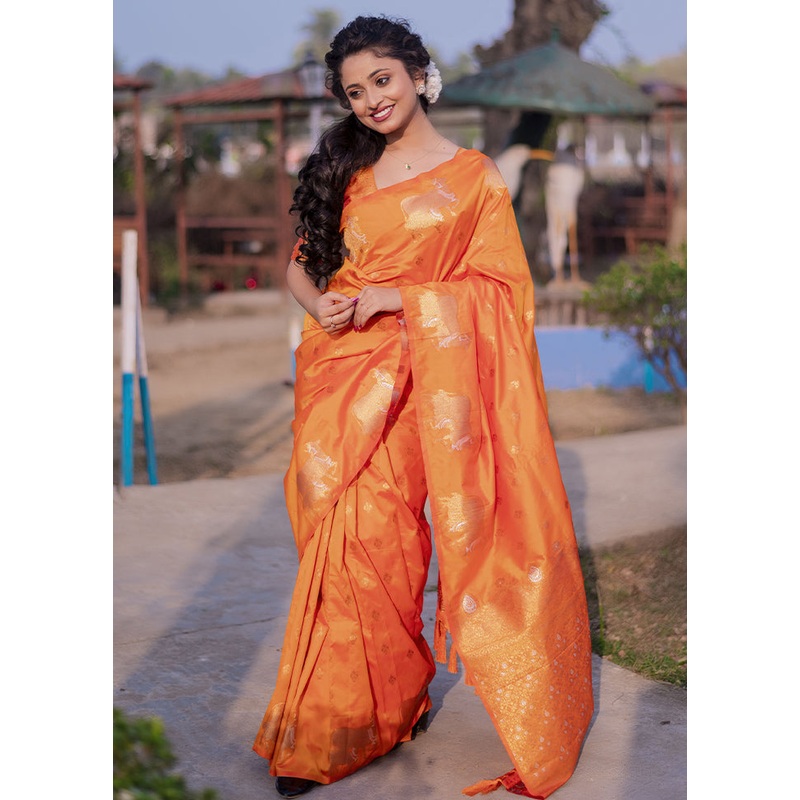 Orange Spun Silk Saree With Blouse Piece - JD986613007