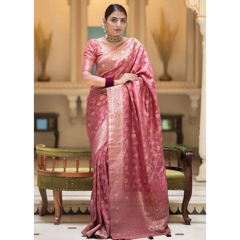 Peach Banarasi Silk Saree With Blouse Piece - JD986612967