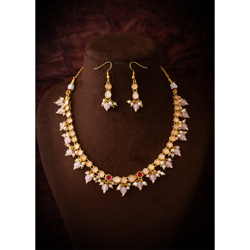 Peach Brass Kundan Stone Work Necklace - JD986612979