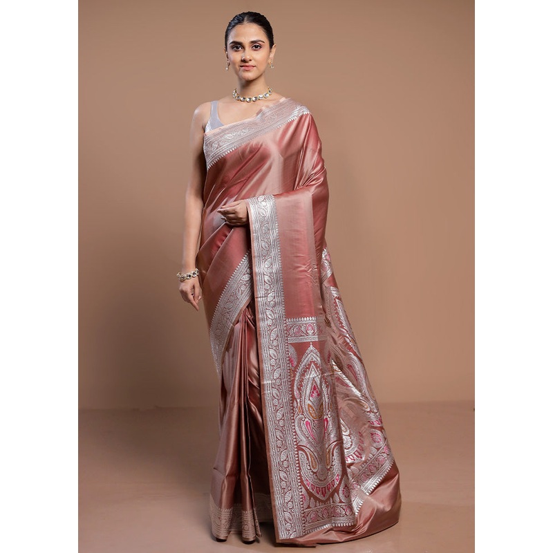 Peach Handloom Banarasi Pure Silk Saree With Blouse Piece - JD986613064