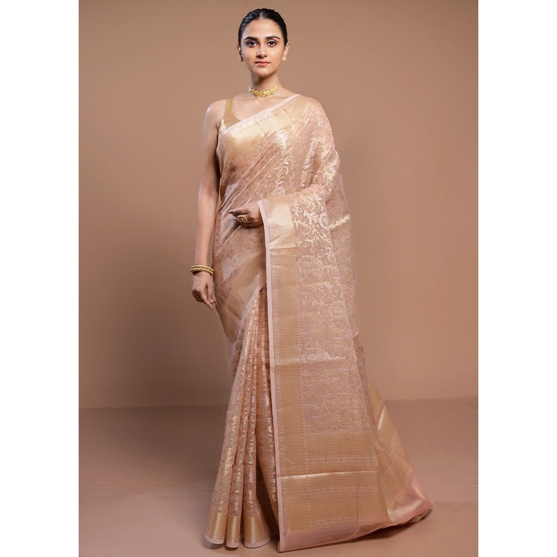 Peach Kora Silk Saree With Blouse Piece - JD986613063