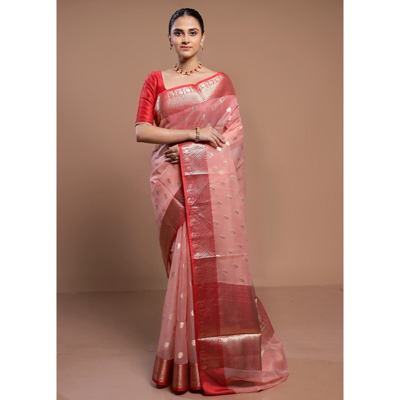 Peach Organza Saree With Blouse Piece - JD986613062