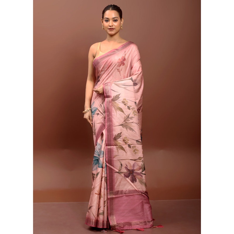 Peach Tussar Silk Saree With Blouse Piece - JD986612912