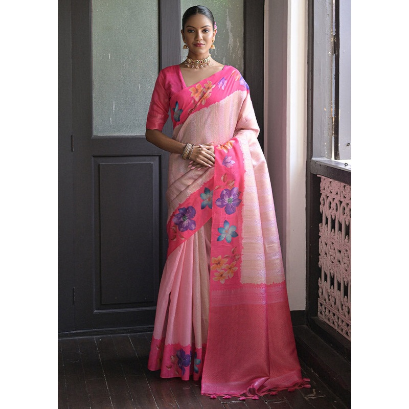 Pink Banarasi Silk Saree With Blouse Piece - JD986612903