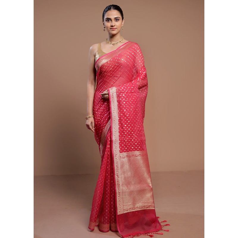 Pink Kora Silk Saree With Blouse Piece - JD986613053