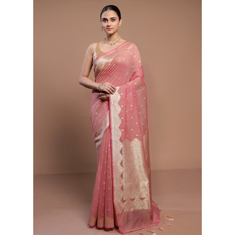 Pink Kora Silk Saree With Blouse Piece - JD986613054