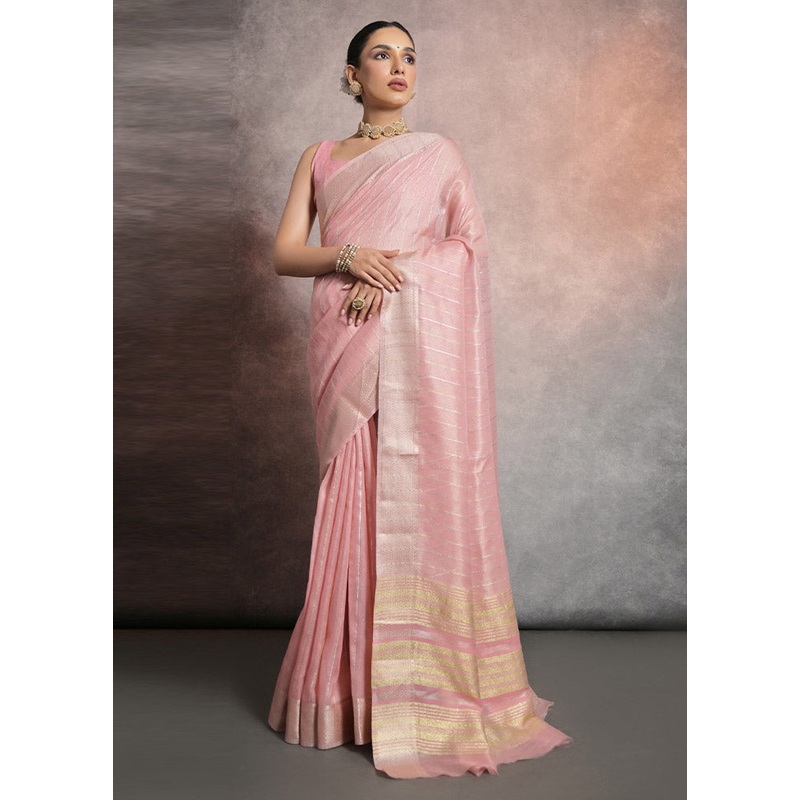Pink Linen Silk Saree With Blouse Piece - JD986612898