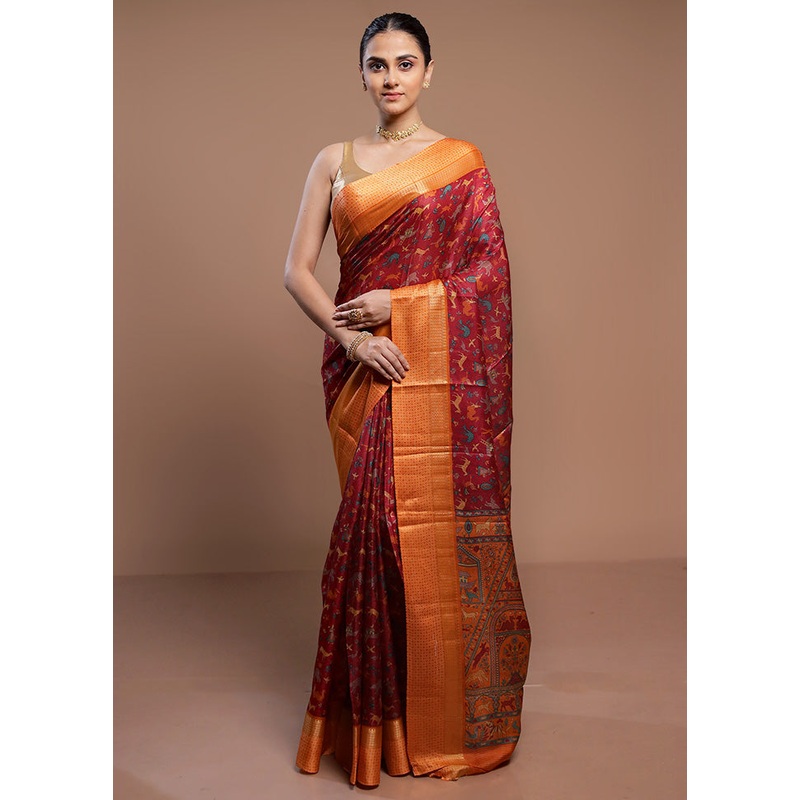 Pink Printed Pure Silk Saree Without Blouse Piece - JD986613050