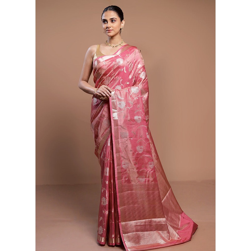 Pink Tissue Silk Saree With Blouse Piece - JD986613047